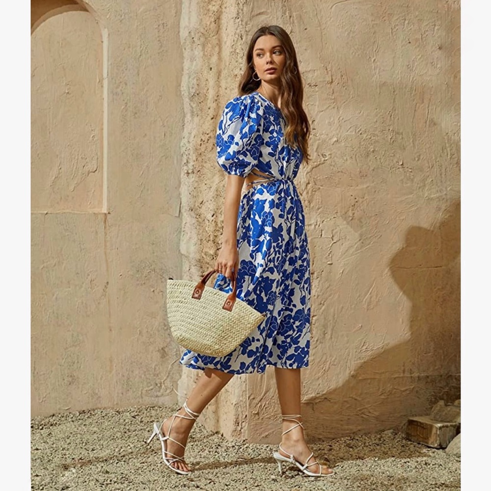 Women's Cut Out Tie Back Short Sleeve Scoop Neck Floral Print Midi Dress